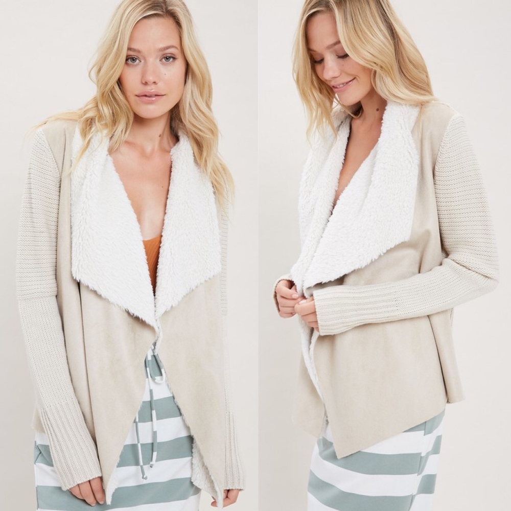 29 - Cozy Vegan Suede Shearling Lapel Jacket - Picture 2 of 3